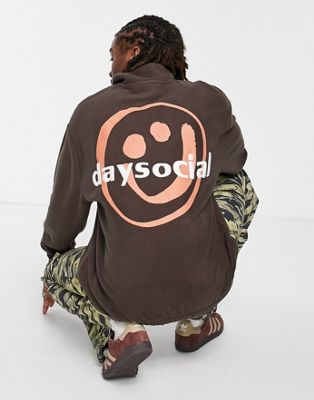 ASOS Daysocial oversized quarter zip sweatshirt in polar fleece with large back smile in brown - ASOS Price Checker