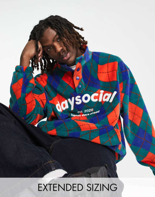 ASOS Daysocial – Granatowa polarowa bluza oversize w abstrakcyjny wzór w kratę z suwakiem pod szyją
