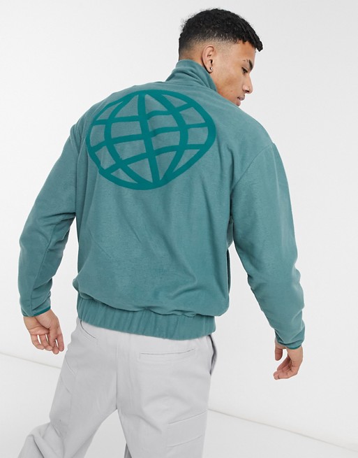 ASOS Daysocial half zip polar fleece jacket with front and back logo print in teal