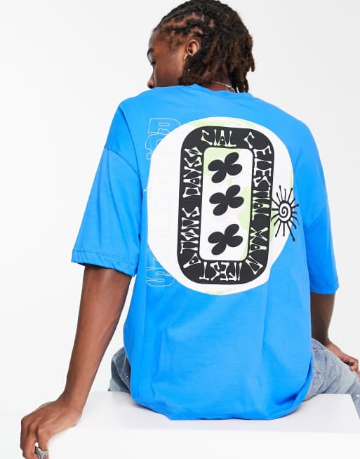 ASOS Daysocial – Klarblå t-shirt i oversize med logga och grafiska tryck