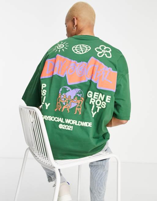 ASOS Daysocial – Oversize-T-Shirt in Dunkelgrün mit großem Grafikprint auf dem Rücken
