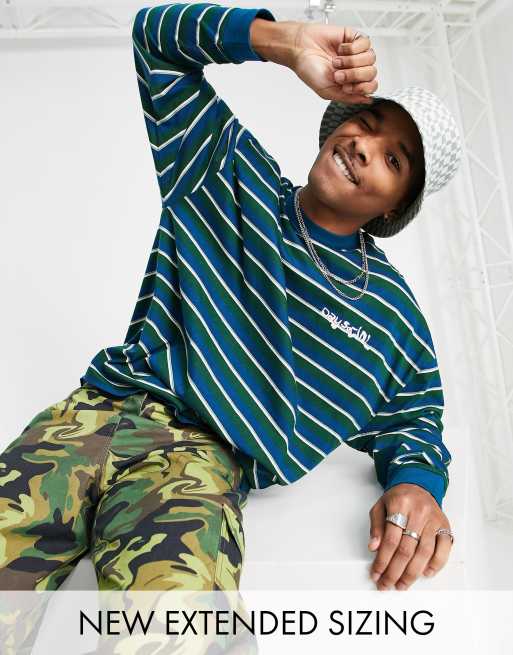 ASOS Daysocial - Oversized gestreept T-shirt met lange mouwen en logoprint in groen