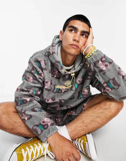 ASOS Daysocial oversized hoodie in all-over print teddy borg with logo  embroidery in gray - part of a set