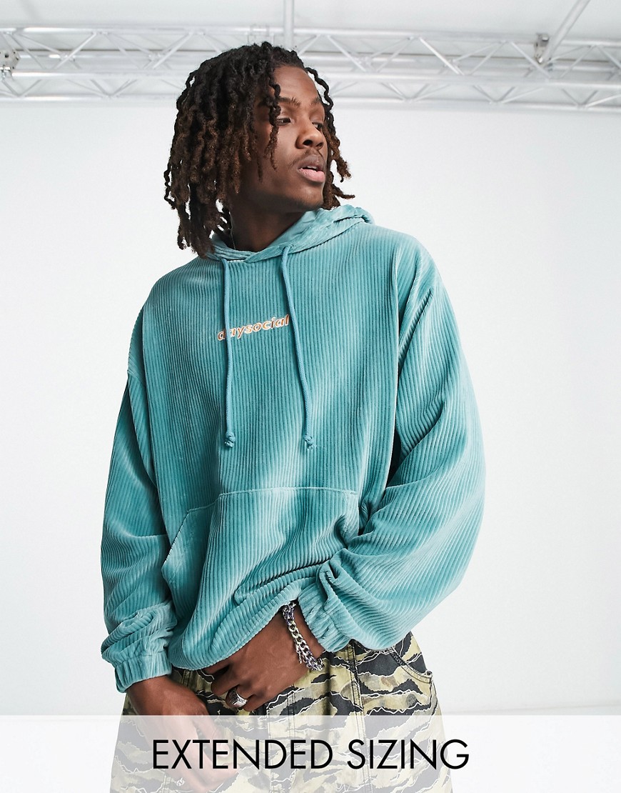 ASOS Daysocial oversized hoodie in cord with logo embroidery in teal blue