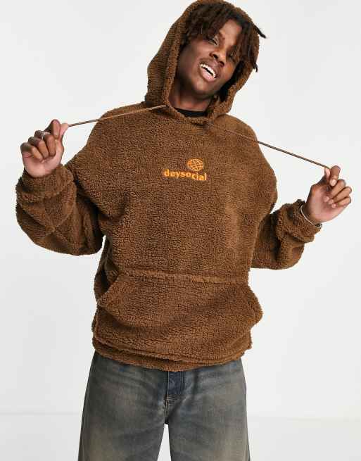 ASOS Daysocial oversized hoodie in teddy borg with large back logo color pop embroidery in brown ASOS