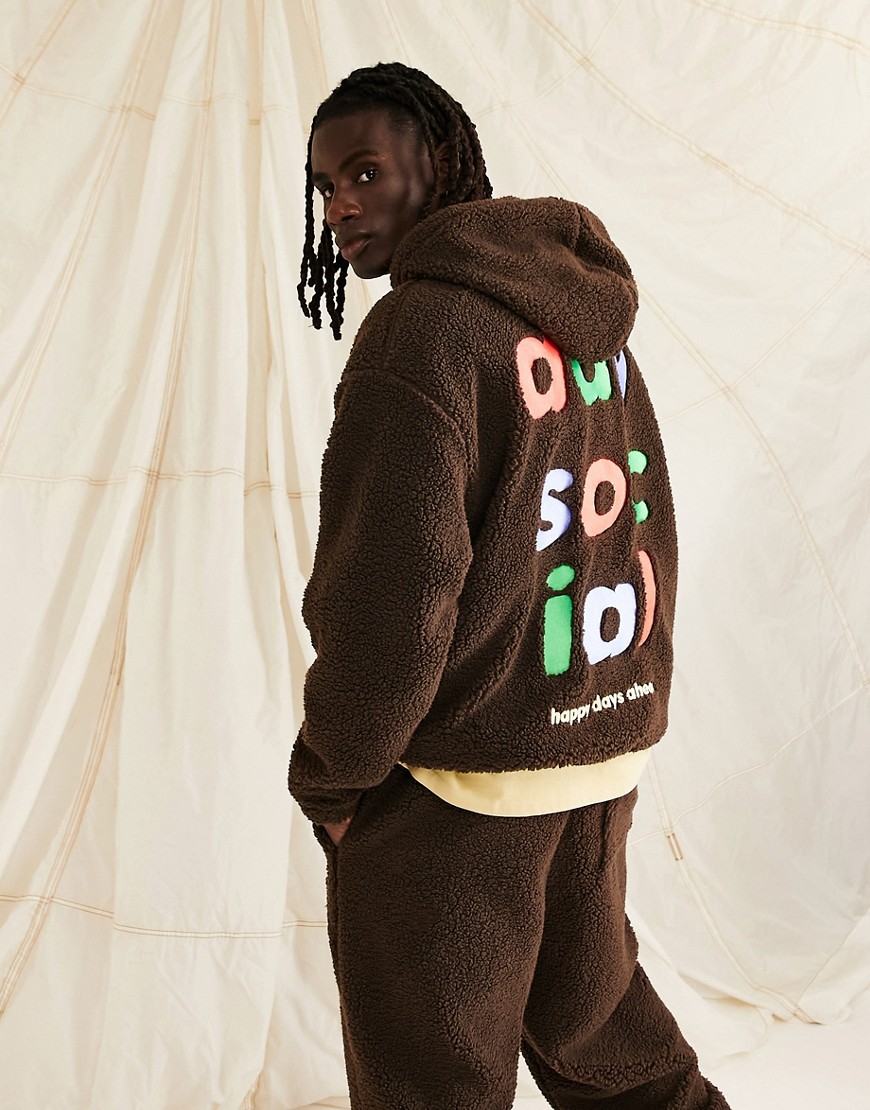 ASOS Daysocial oversized hoodie in teddy borg with large back logo embroidery in brown - part of a set