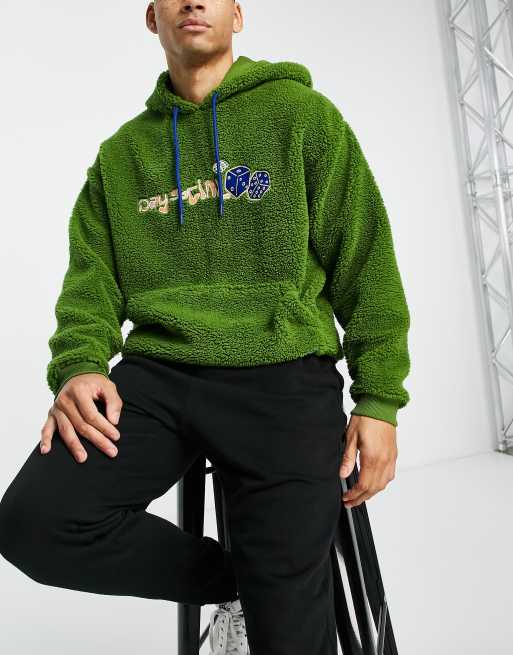 ASOS Daysocial oversized hoodie in teddy fleece with logo embroidery in  green