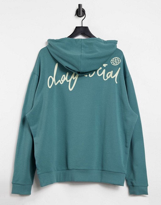 ASOS Daysocial oversized hoodie with back logo print in green wash