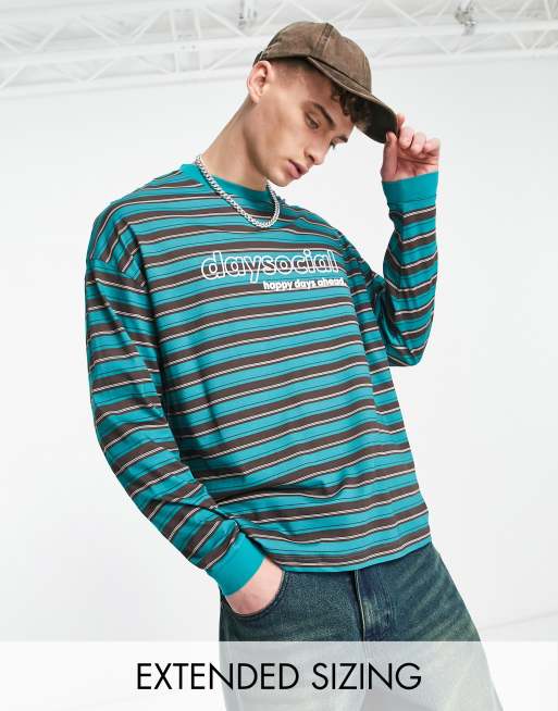 ASOS Daysocial oversized long sleeve t-shirt in all over stripe print in teal blue
