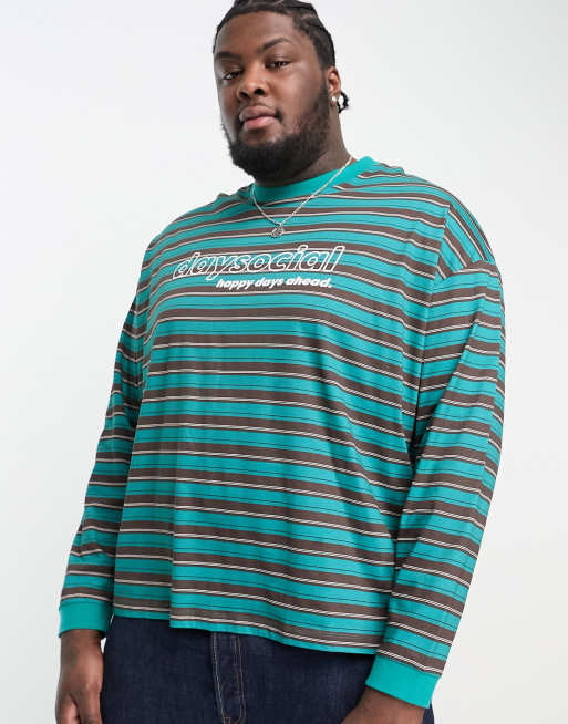 ASOS Daysocial oversized long sleeve t-shirt in all over stripe print in teal blue, 2 of 4