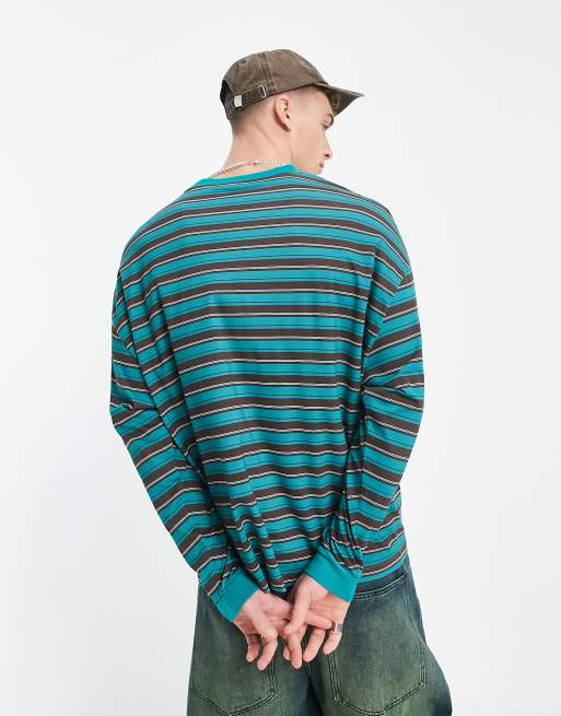 ASOS Daysocial oversized long sleeve t-shirt in all over stripe print in teal blue, 4 of 4