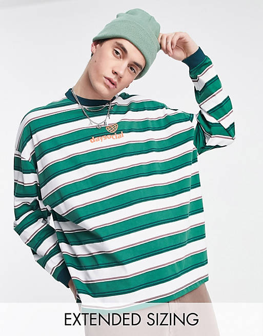 oversized long sleeve t-shirt in all over stripe with front logo print in green 