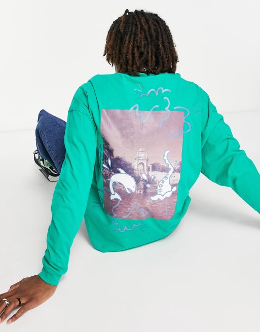 ASOS Daysocial oversized long sleeve t-shirt with photographic back print in green, 4 of 4