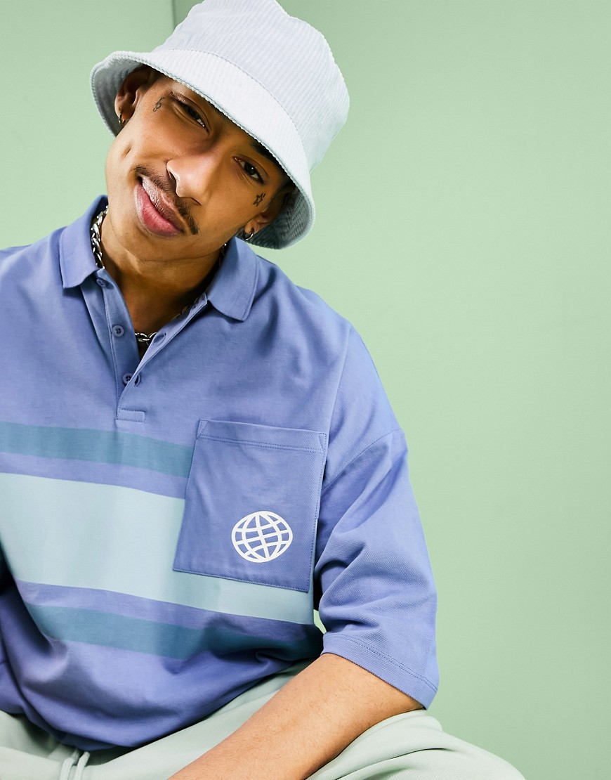 ASOS Daysocial oversized polo shirt with horizontal panel and chest pocket in blue-Blues