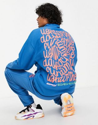 ASOS Daysocial co-ord oversized quarter zip sweatshirt in polar fleece with back graphic print in blue - ASOS Price Checker