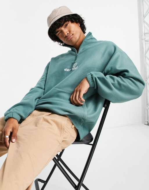 ASOS Daysocial oversized quarter zip sweatshirt in polar fleece with logo  print in teal