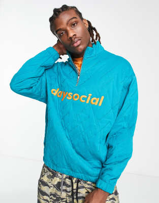 ASOS Daysocial oversized quarter zip sweatshirt with geo quilting and logo embroidery in teal green - ASOS Price Checker