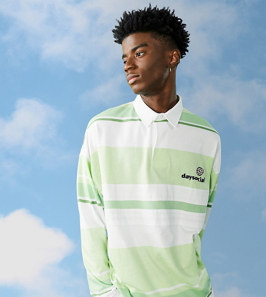 ASOS Daysocial oversized rugby shirt with woven twil collar in green stripe