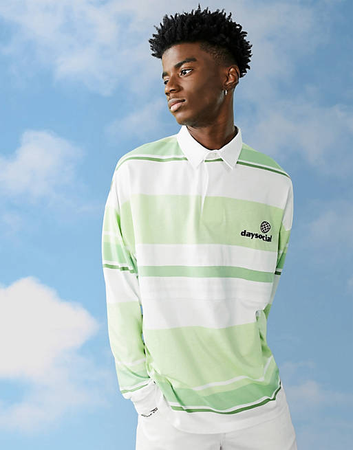 oversized rugby shirt with woven twil collar in green stripe 