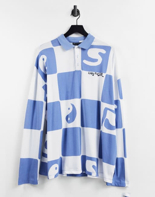 ASOS - Daysocial - Oversized rugbyshirt met all-over dambordprint en logoprint in blauw