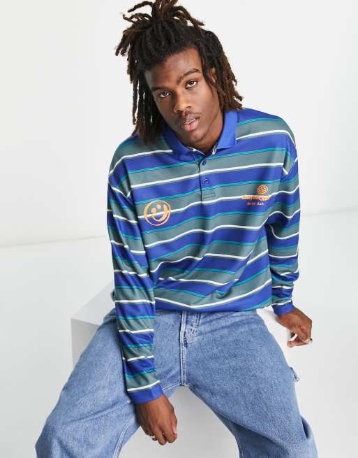 ASOS Daysocial - Oversized rugbyshirt met all-over strepenprint in marineblauw