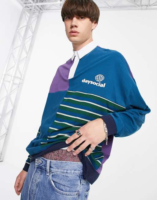 ASOS Daysocial - Oversized rugbyshirt met lange mouwen, kleurvlakken en gestreepte panelen in blauw