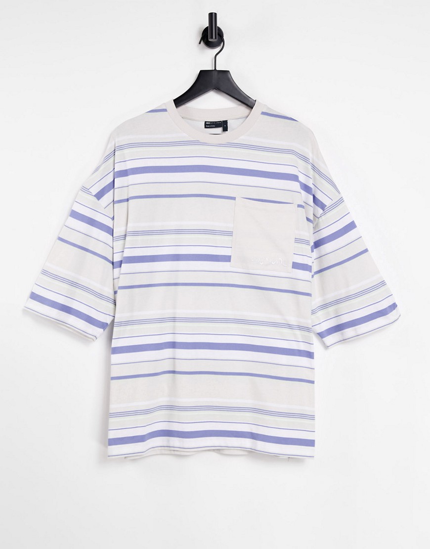 ASOS Daysocial oversized striped T-shirt with chest pocket and embroidered logo in gray-Grey