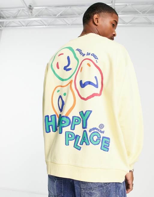 ASOS Daysocial oversized sweatshirt with happy place graphic prints in  yellow