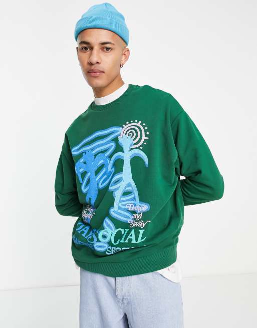 ASOS Daysocial oversized sweatshirt with large front graphic print in dark green