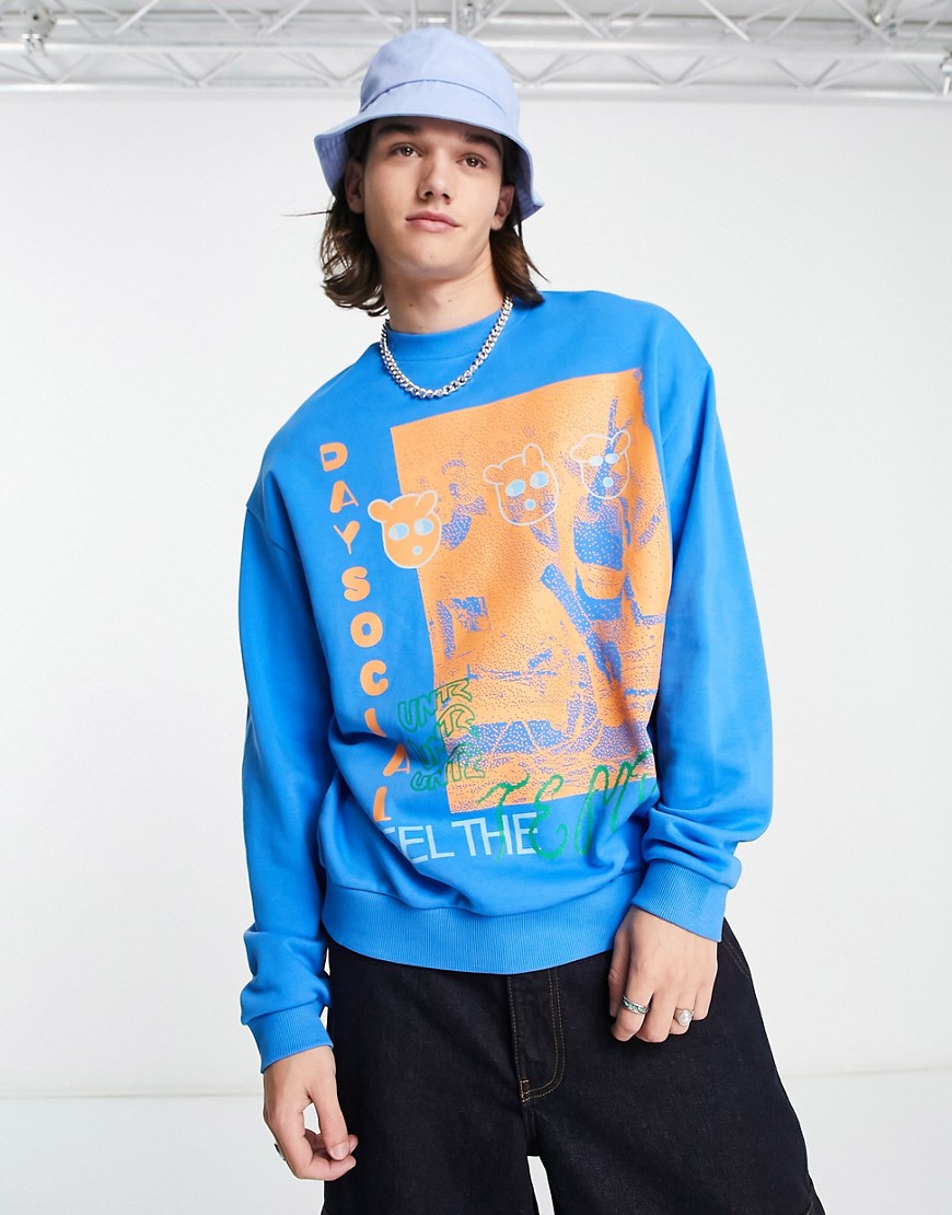 ASOS Daysocial oversized sweatshirt with large graphic print in bright blue