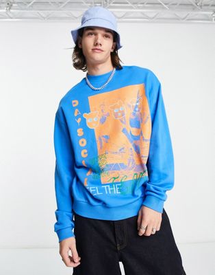 ASOS Daysocial oversized sweatshirt with large graphic print in bright blue - ASOS Price Checker