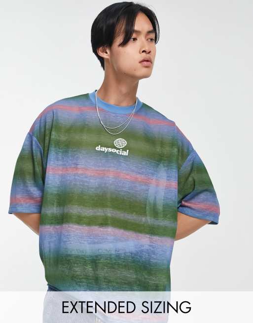 ASOS Daysocial - Oversized T-shirt bedekt met wazige gestreepte print in groen en blauw