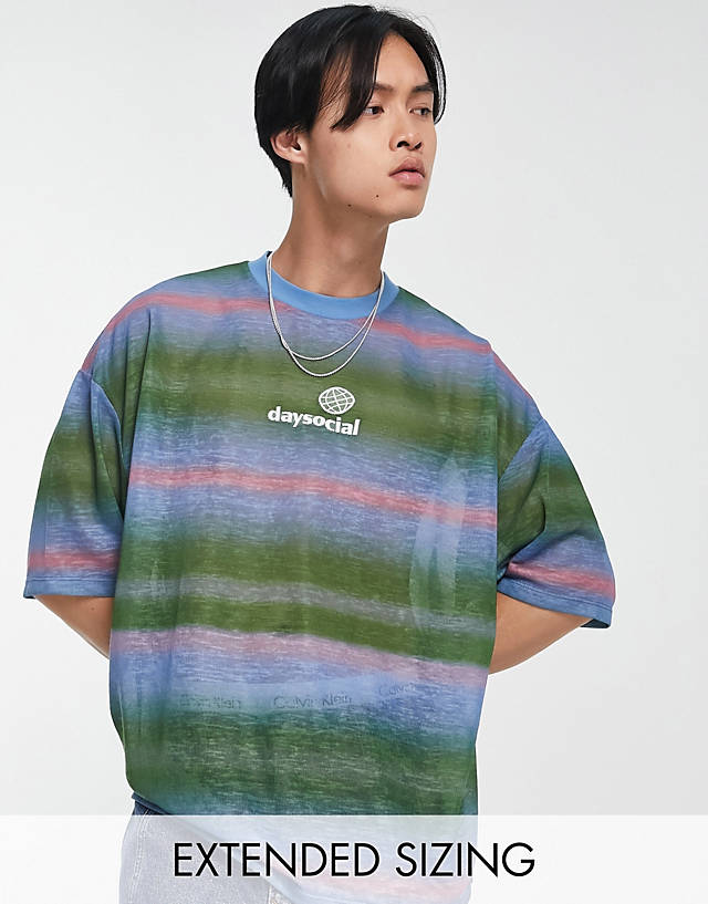 ASOS DESIGN - ASOS Daysocial oversized t-shirt in all over blurred stripe print in green and blue