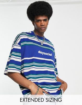 ASOS Daysocial oversized t-shirt in all over stripe print with logo panel in blue - ASOS Price Checker