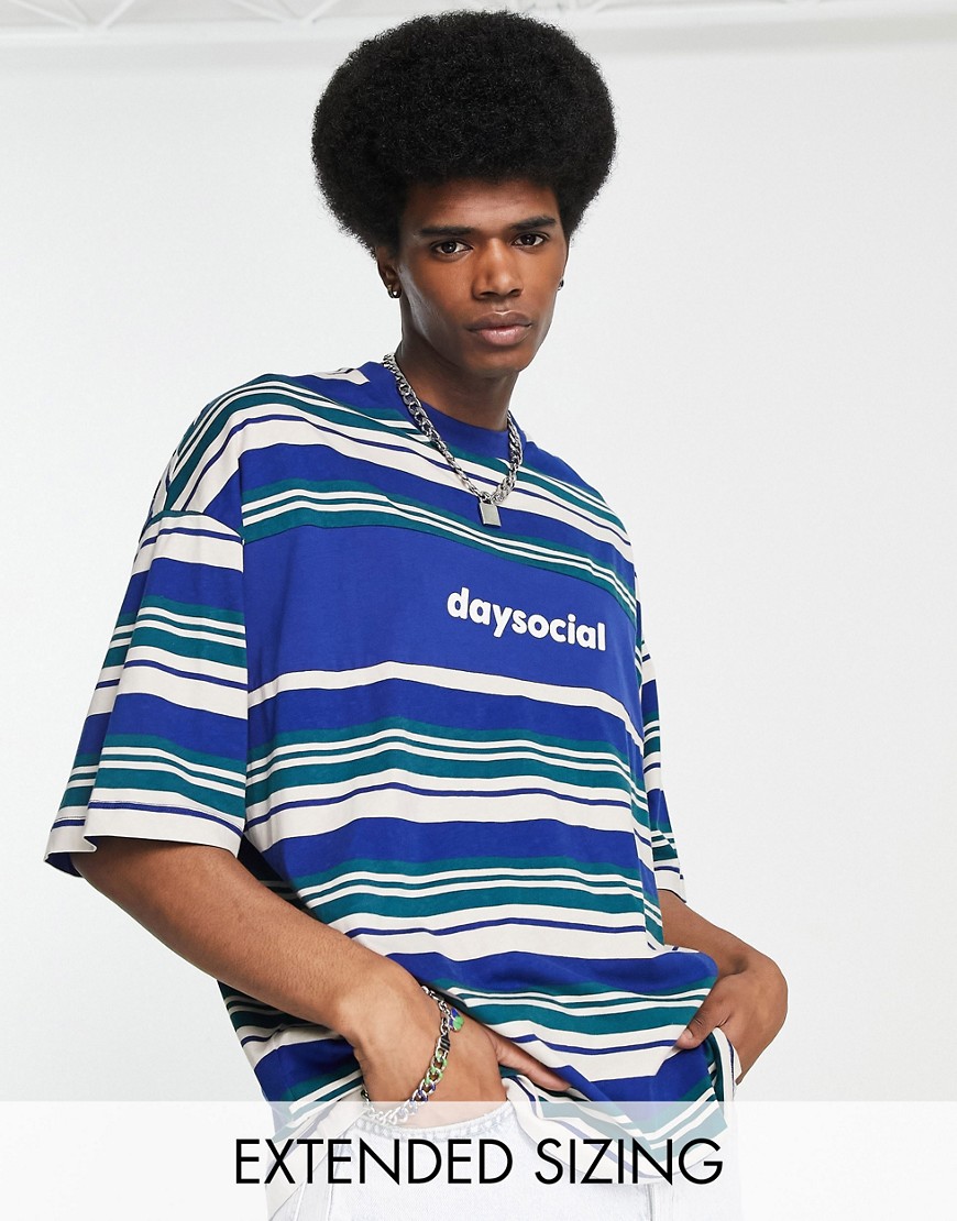 ASOS Daysocial oversized t-shirt in all over stripe print with logo panel in blue