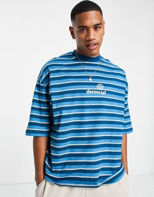 ASOS Daysocial oversized t-shirt in all over stripe with logo print in navy