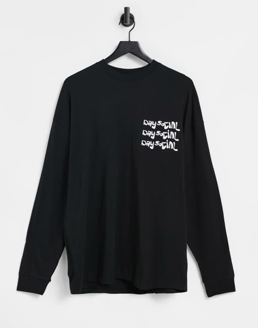ASOS - Daysocial - Oversized T-shirt met lange mouwen in zwart met logo