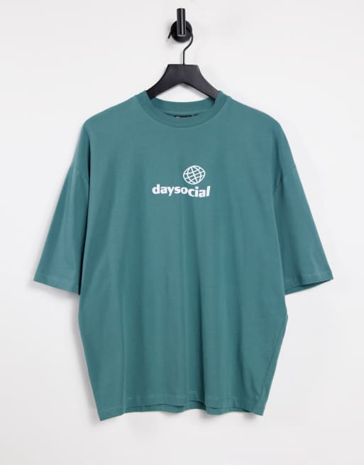 ASOS Daysocial - Oversized T-shirt met print op de borst in groenblauw