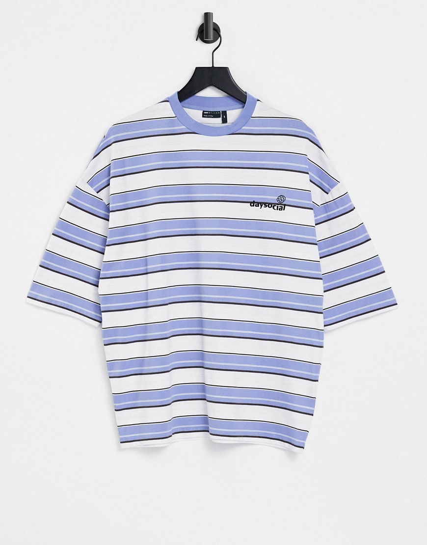 ASOS Daysocial oversized T-shirt with all over stripe and logo print in blue-Blues