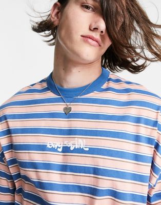 ASOS Daysocial oversized t-shirt with all over stripe print and logo in peach