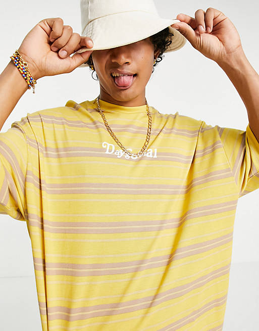 ASOS Daysocial oversized t-shirt with front logo print in mustard stripe