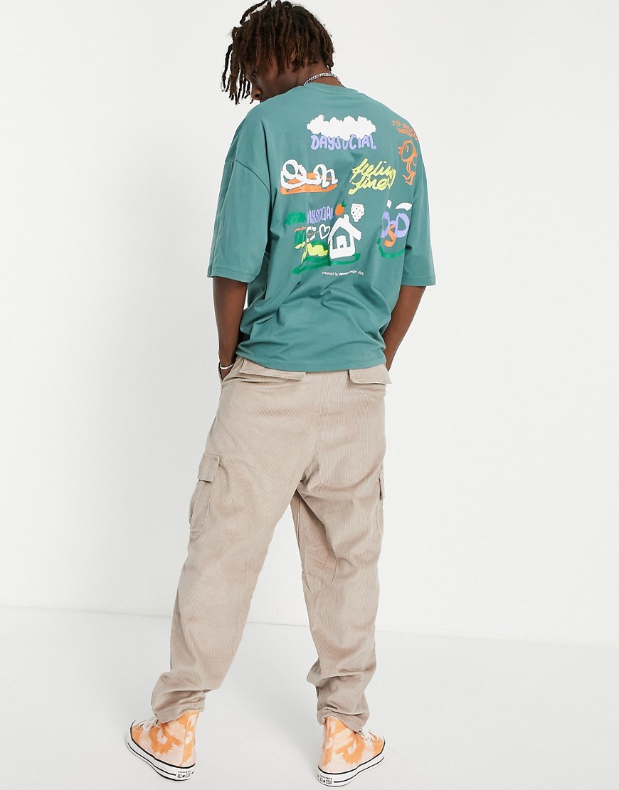 ASOS Daysocial oversized T-shirt with multi scribble front and back graphic prints in teal-Green