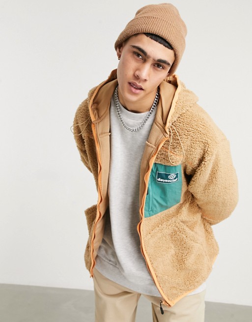 ASOS Daysocial oversized teddy borg track hoodie with piping & nylon pocket
