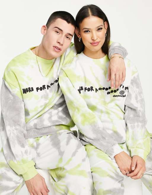 ASOS Daysocial - Oversized uniseks sweatshirt met sloganprint in groene tie-dye, deel van co-ord set