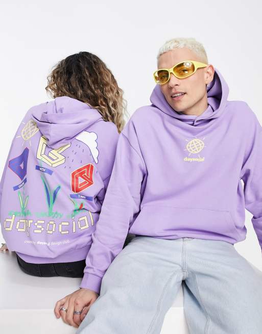 ASOS Daysocial - Oversized unisex hoodie met grafische gameprints en logo in violet