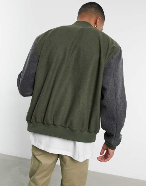 ASOS Daysocial oversized varsity jacket in khaki with contrast gray sleeves, 2 of 4