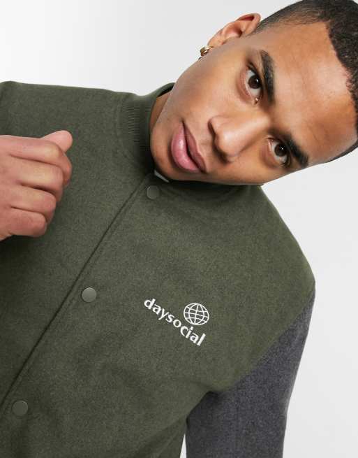 ASOS Daysocial oversized varsity jacket in khaki with contrast gray sleeves, 3 of 4