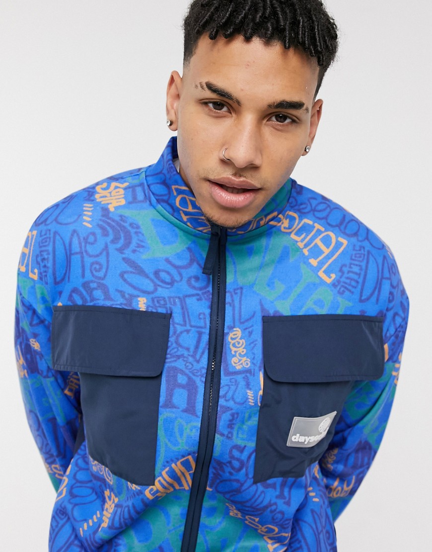 Asos Day Social Asos Daysocial Oversized Zip Up Sweatshirt Jacket With Nylon Pockets In All Over Blue Print-blues