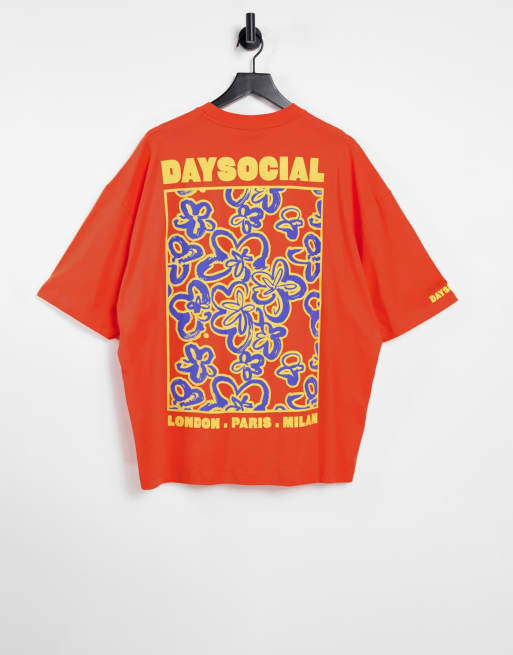 ASOS Daysocial – Pomarańczowy T-shirt oversize z kwiatowym wzorem i logo na plecach
