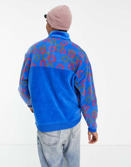 ASOS Daysocial quarter zip sweatshirt in fleece with all over logo print in blue, 3 of 4